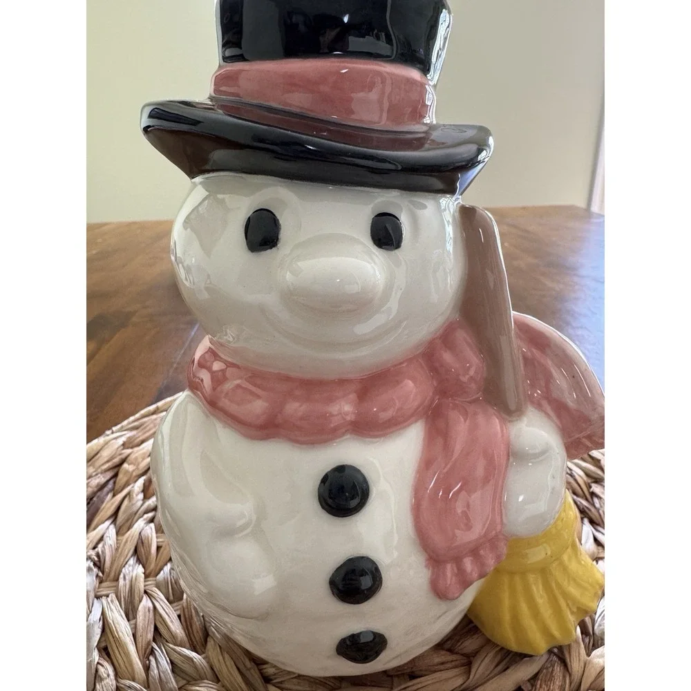 Care Inc 1976 Vintage Ceramic Snowman Figure Top Hat Pink Scarf Broom 9.5in